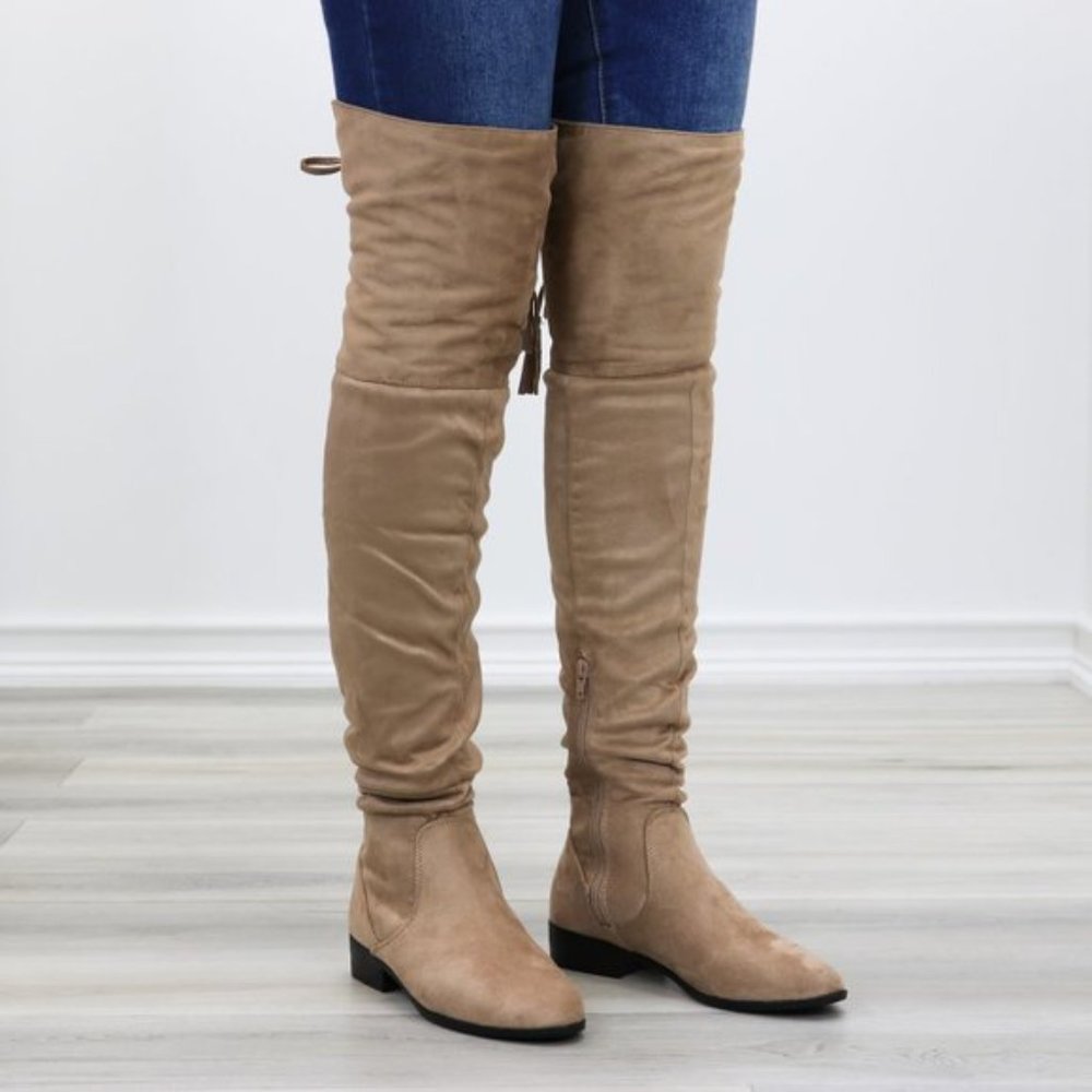 Tan Suede Thigh High Flat Boot With Lace Up Back - Picture 8 of 14